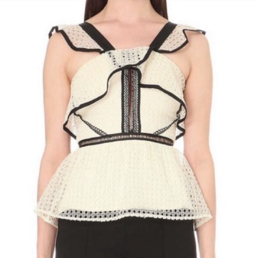Self-Portrait Revolve Cream/Black Top ruffle straps peplum sz 8